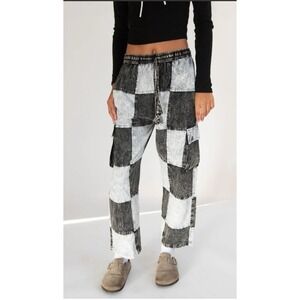 Rising Intl Patchwork Checkerboard Wide Leg Pants M Y2K Grunge Streetwear Cargo